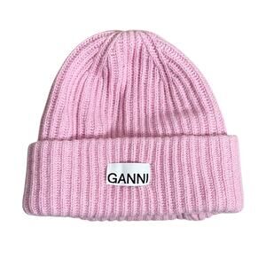 GANNI Pink Oversized Wool Rib Knit Beanie Hat
